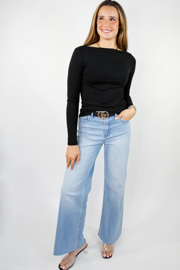 Just a Thought Wide Neck Long Sleeve Knit Blouse