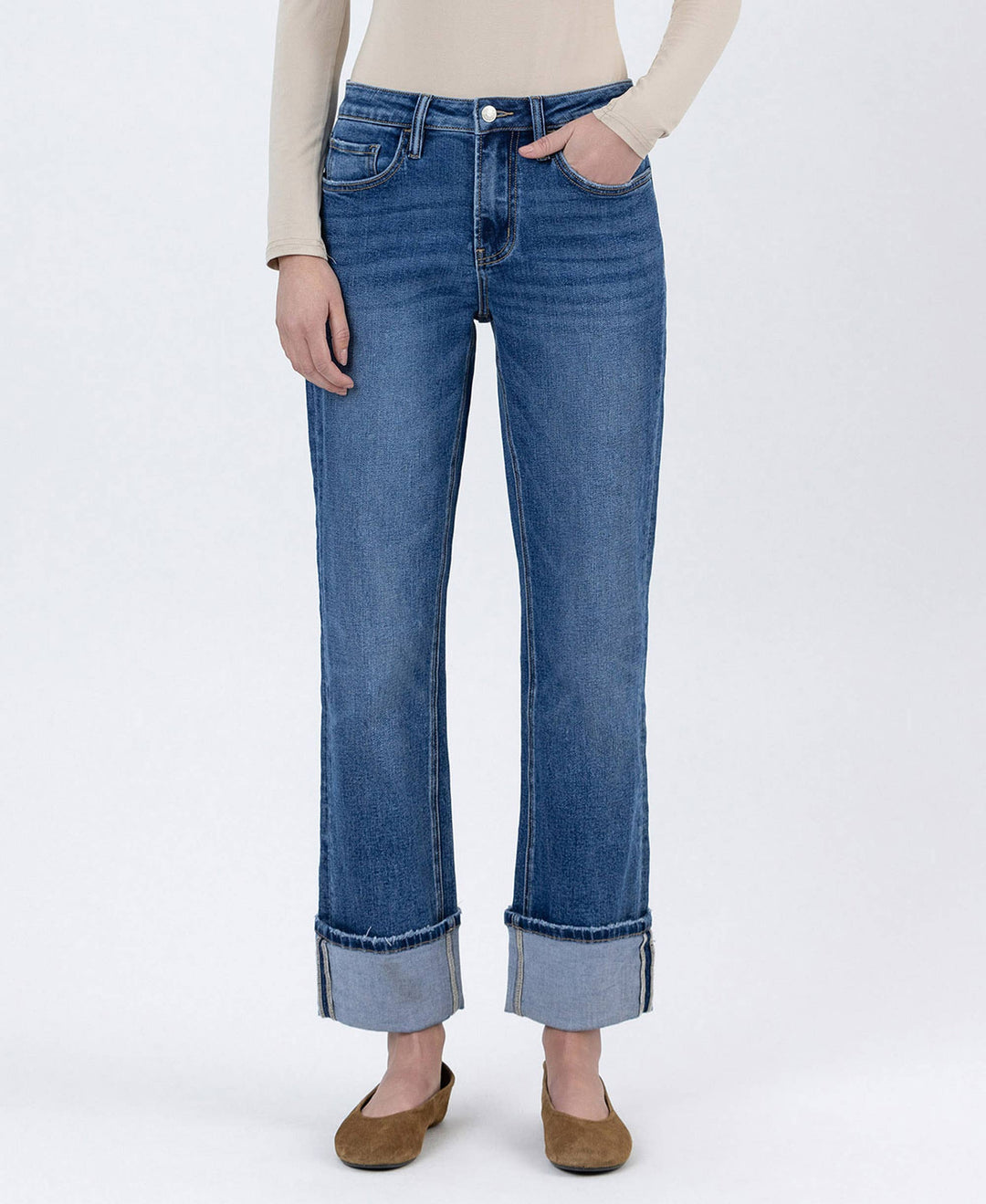 Veveret High Rise Cuffed Ankle Straight Denim