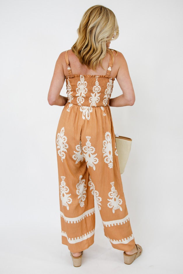 Two-Tone Abstract Smocked Wide Leg Jumpsuit