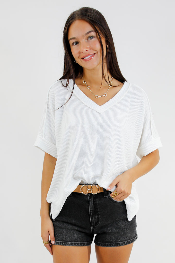 Easy Day Raised Rib Hi Low V Neck Top