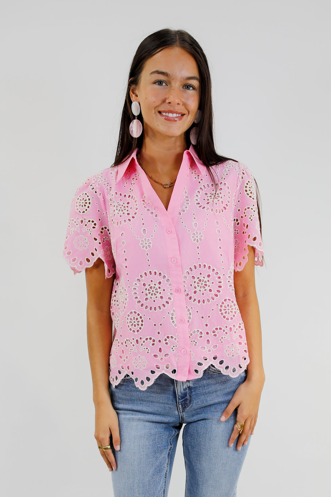Pretty In Pink Eyelet Embroidered Blouse