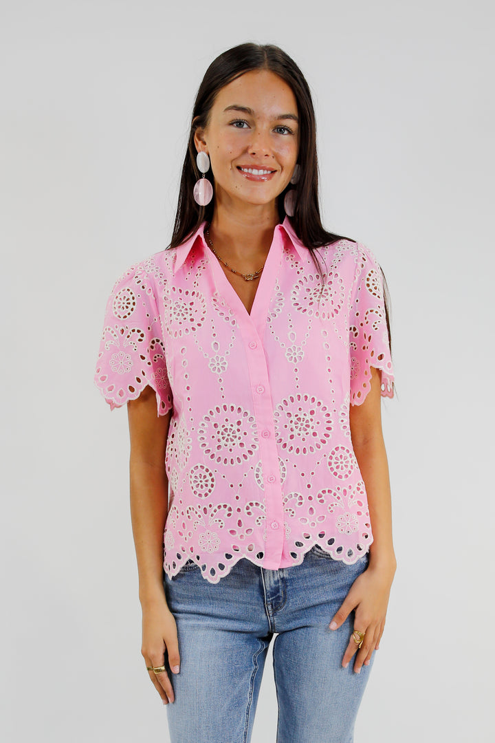 Pretty In Pink Eyelet Embroidered Blouse