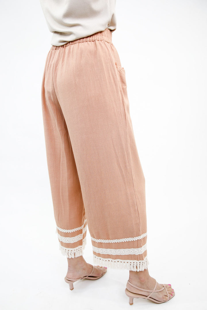 Lace Trim Fringe Hem Wide Leg Pants