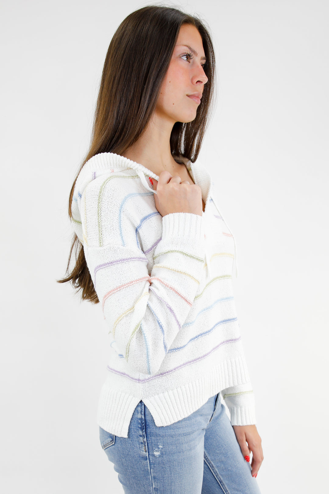 Drawstring Hood V Neck Sweater