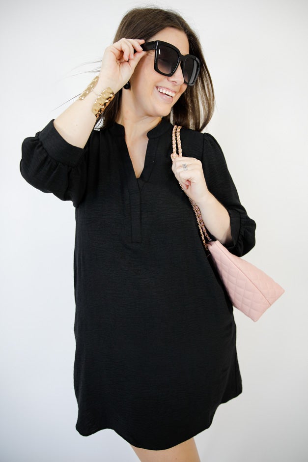 Peasant Sleeve Split-Neck Mini Dress