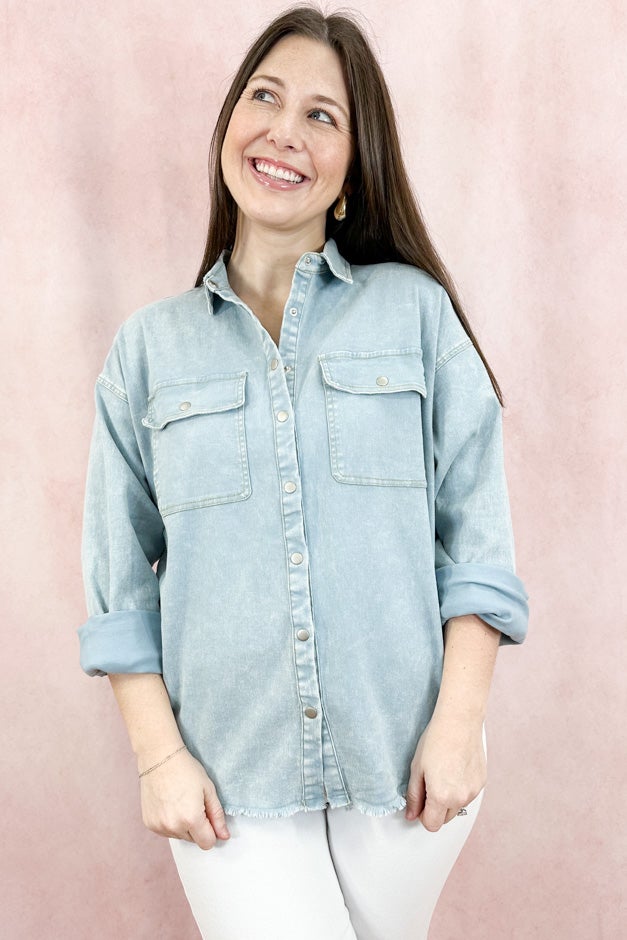 Raw Edge Snap-Button Denim Shirt - Sky Blue