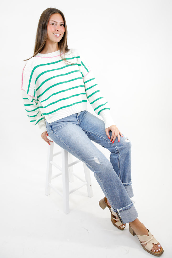 Crewneck Stripe Boxy Crop Sweater