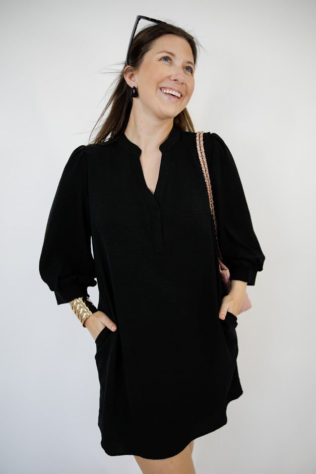 Peasant Sleeve Split-Neck Mini Dress