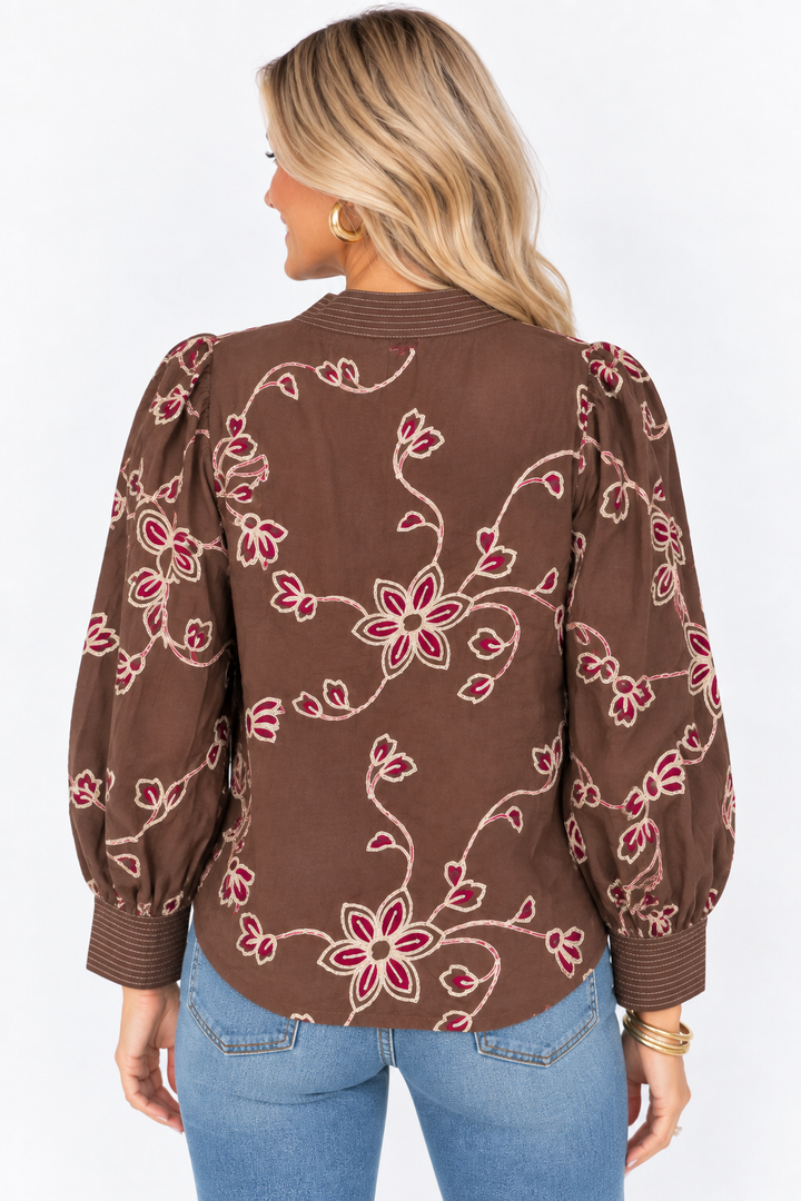 Autumn Embroidery Split Neck Blouse
