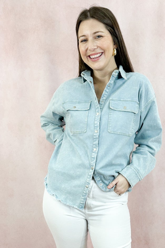 Raw Edge Snap-Button Denim Shirt - Sky Blue
