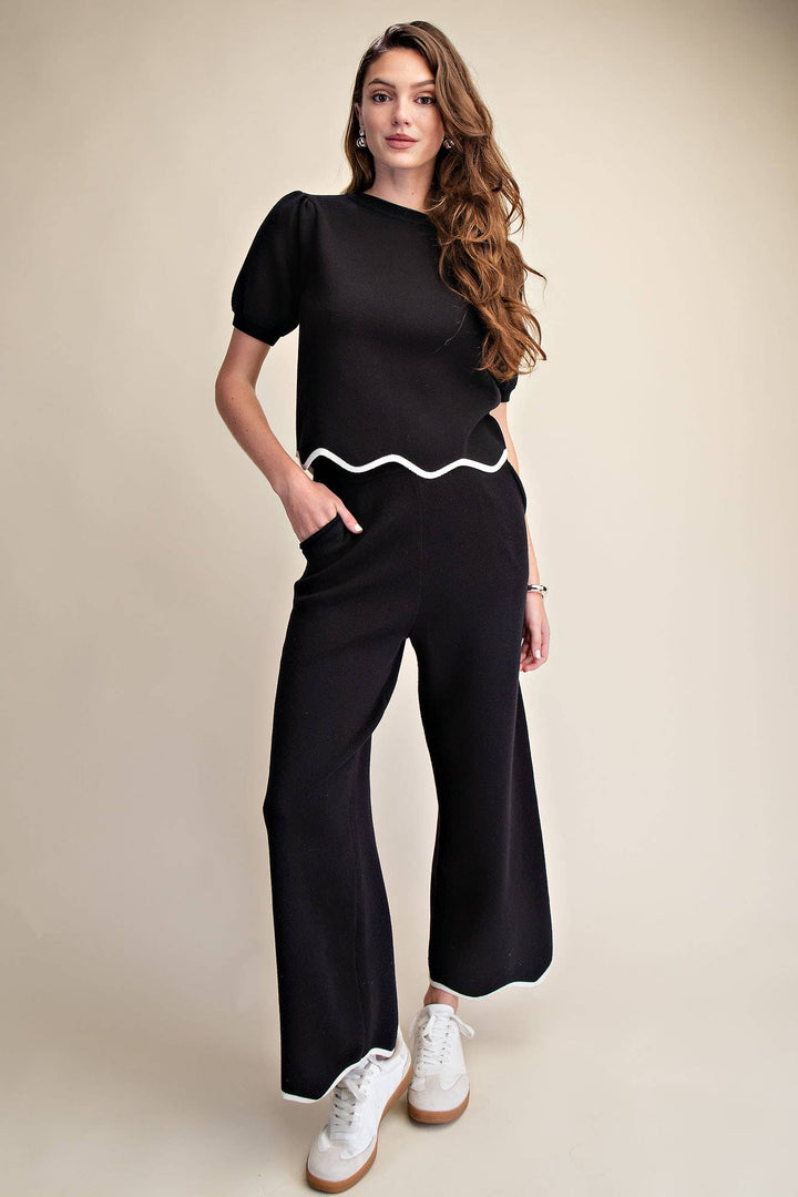 High Waist Elastic Band Scallop Pants