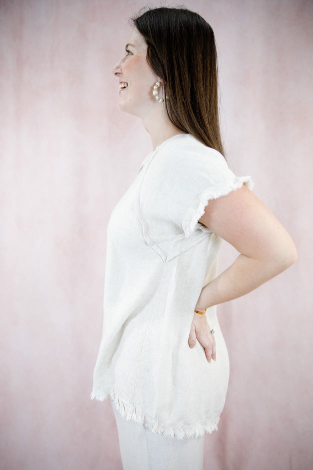 Solid Linen Short Sleeve Top - Seam Detailing & Ruffle Fringe Edges