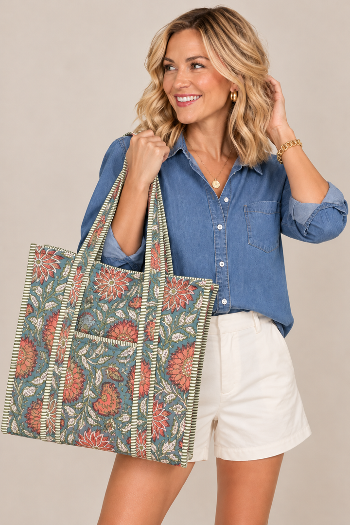 Teal Blossom Quilted Tote