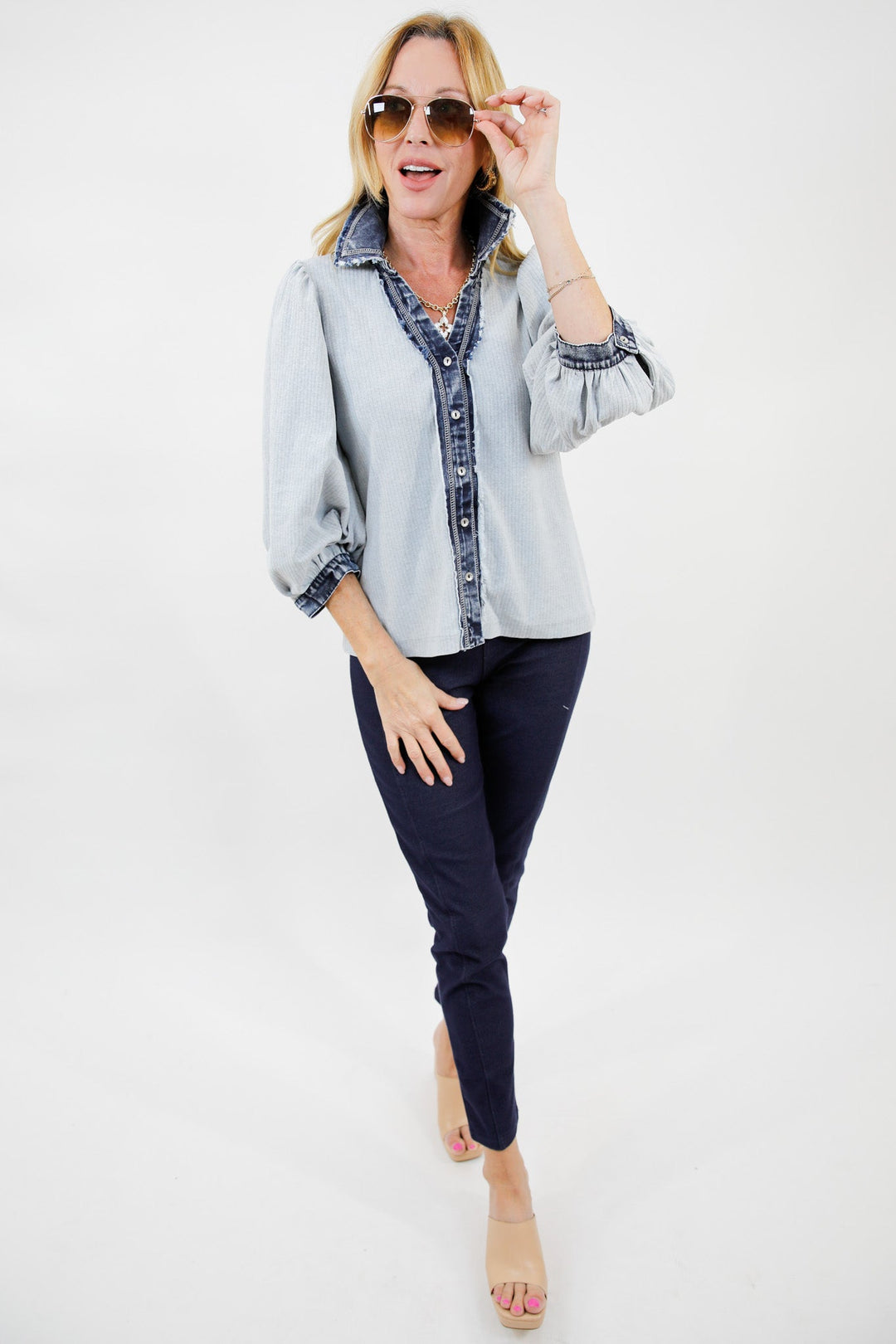 Market Street Denim Trim Button Top