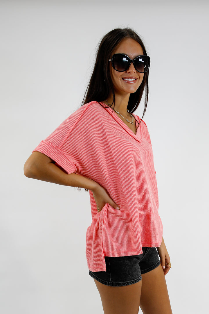 Easy Day Raised Rib Hi Low V Neck Top
