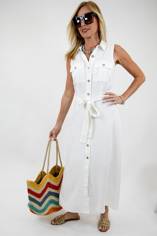 Sleeveless Belted Button-Down Midi Dress *Final Sale*
