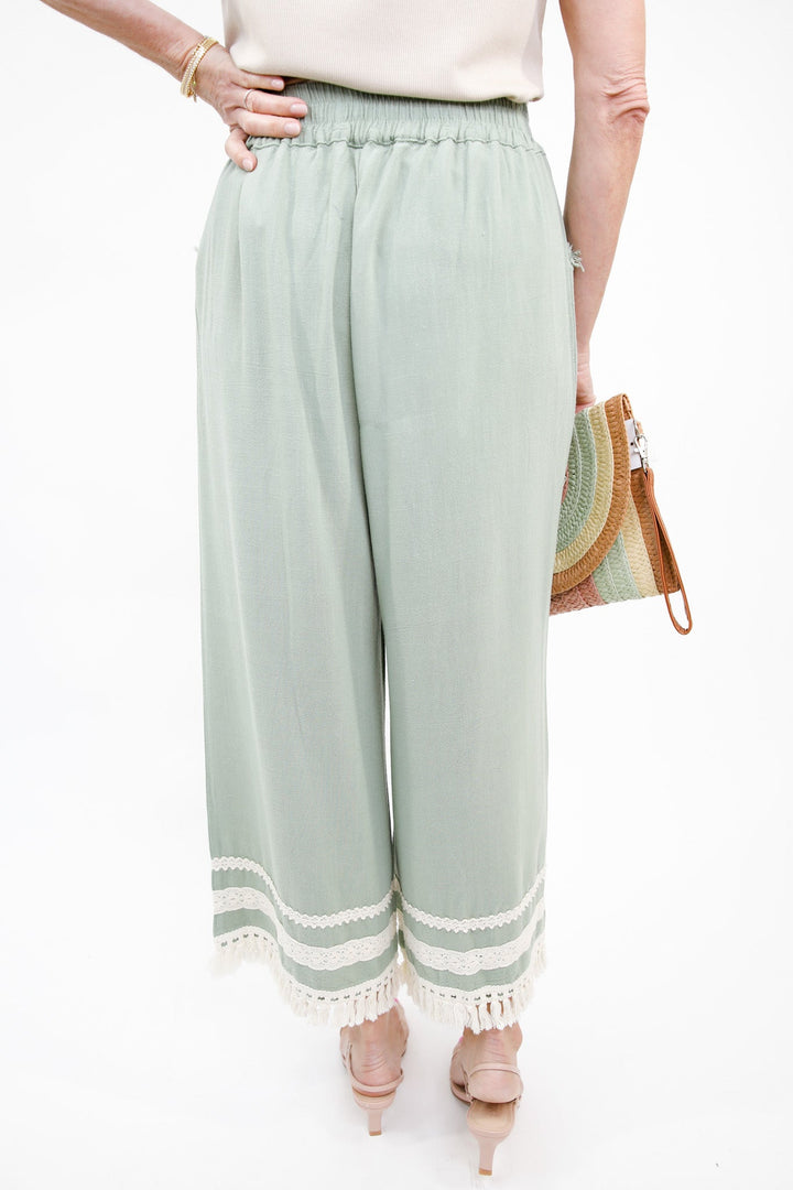 Lace Trim Fringe Hem Wide Leg Pants