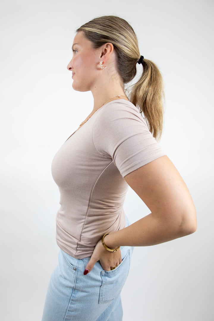 Easy Layers V Neck Top Lt Taupe