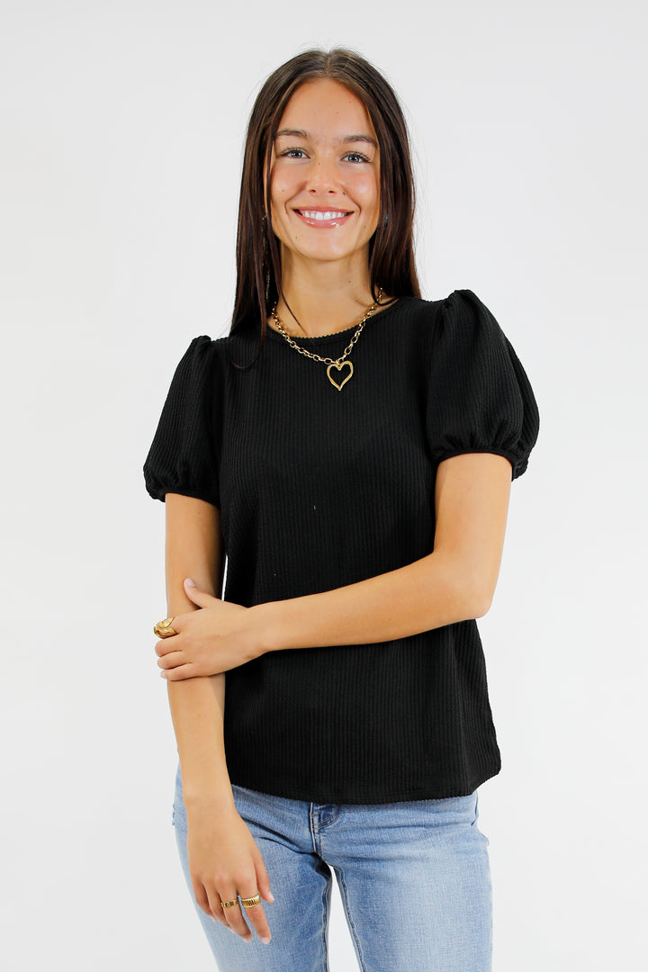 Polished Pop Ribbed Puff Sleeve Top