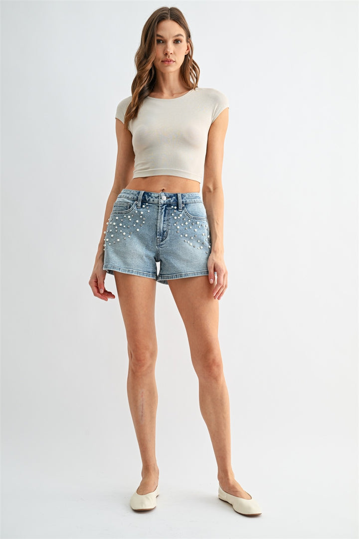 High-Rise Embellished Denim Shorts