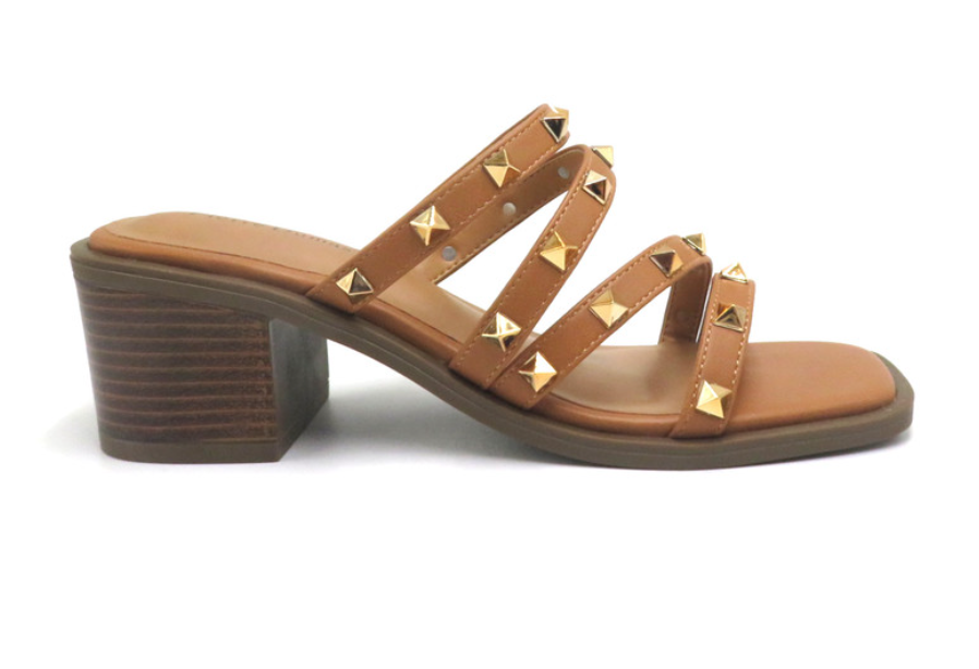 Studded Block Heel Sandal - Trendy Strappy Slip-On with Gold Accents