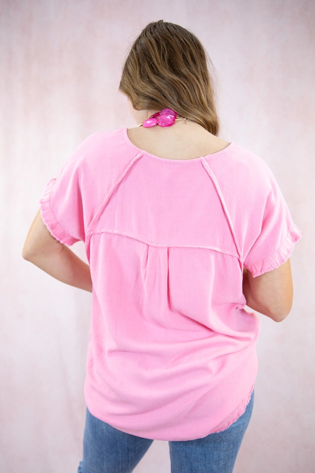 Solid Linen Short Sleeve Top - Seam Detailing & Ruffle Fringe Edges