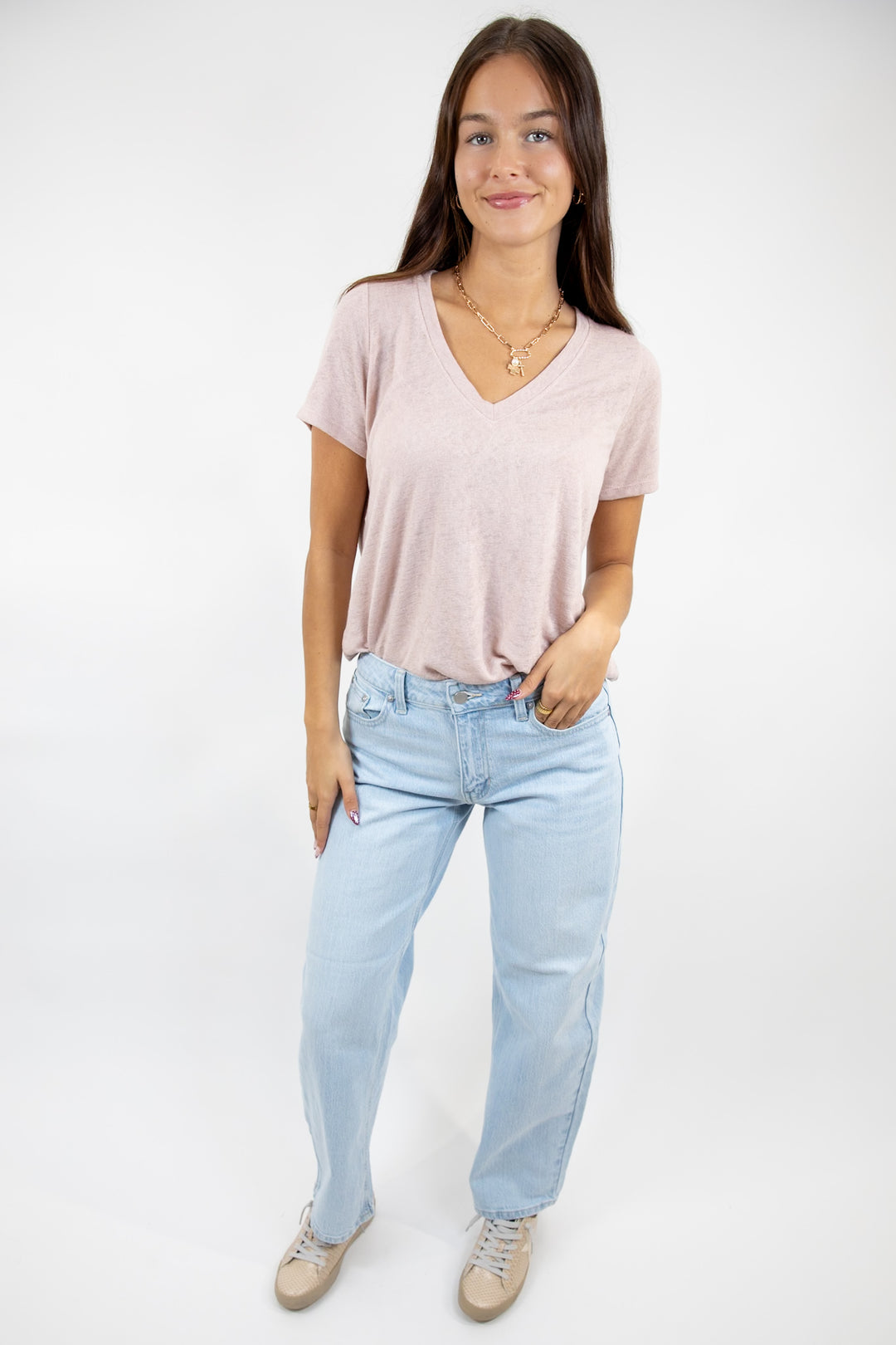 Everyday Hacci V Neck Tee Dusty Rose