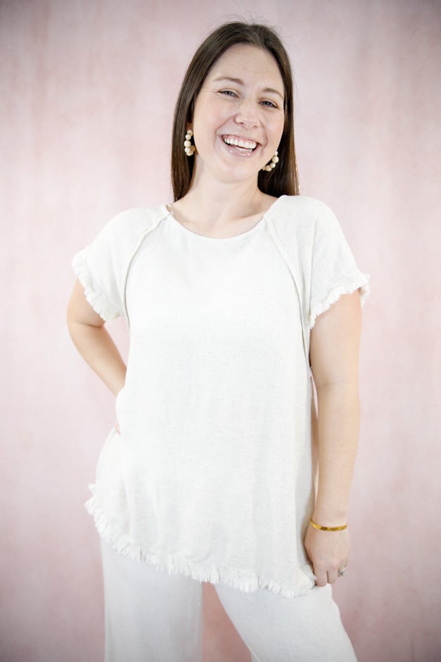 Solid Linen Short Sleeve Top - Seam Detailing & Ruffle Fringe Edges