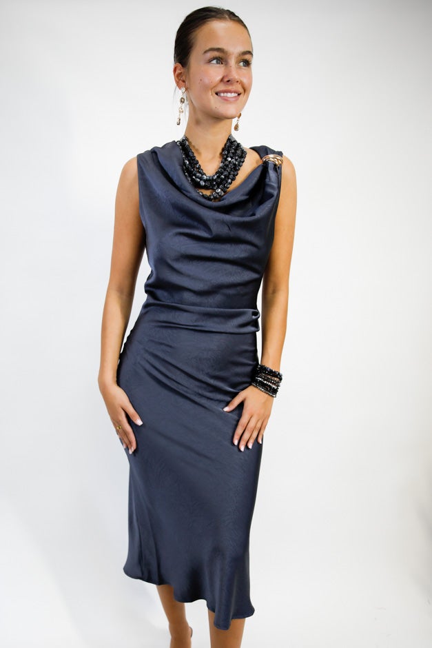 Midnight Grace Satin Midi Dress