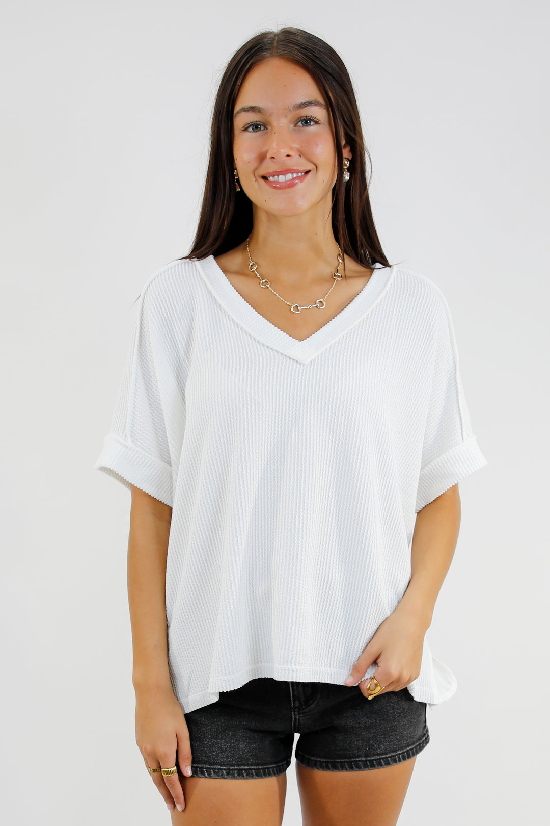 Easy Day Raised Rib Hi Low V Neck Top