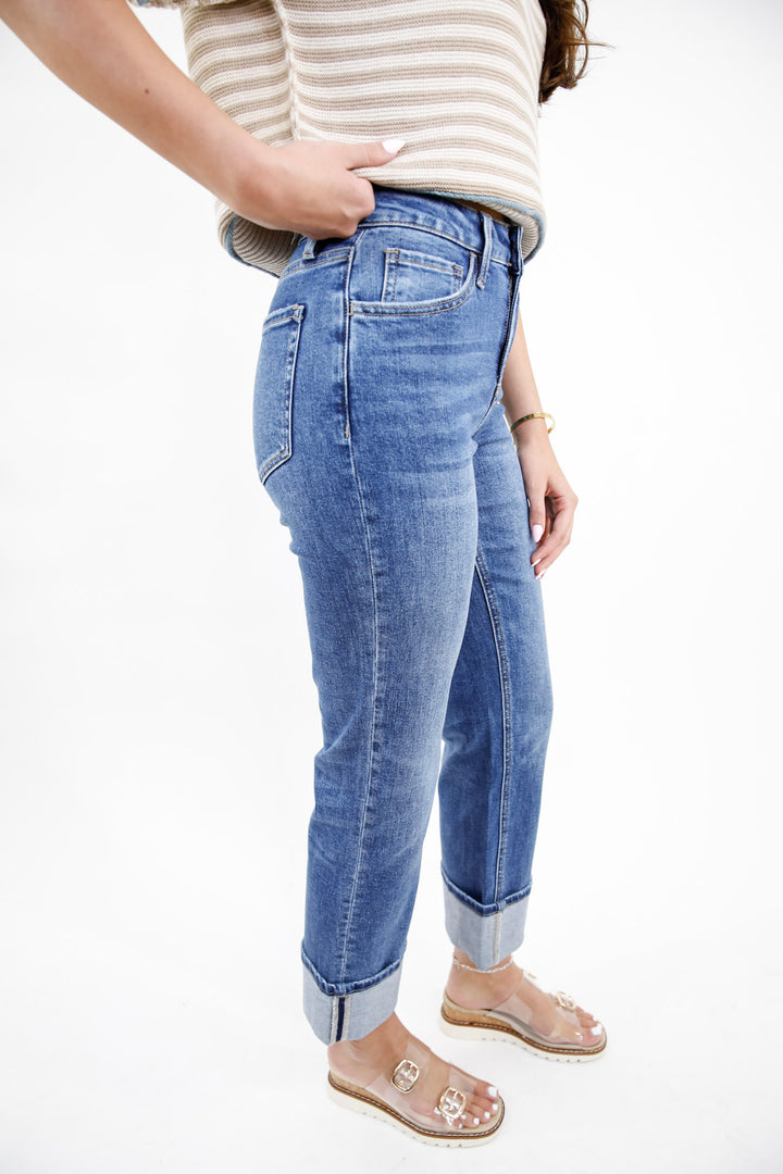 Veveret High Rise Cuffed Ankle Straight Denim