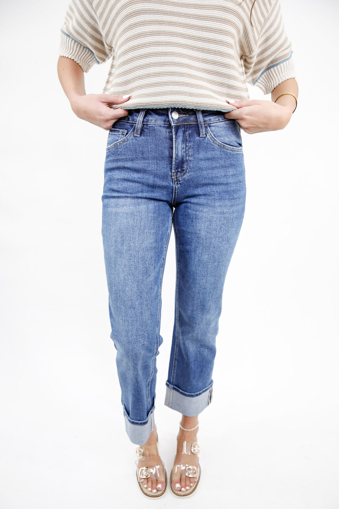 Veveret High Rise Cuffed Ankle Straight Denim