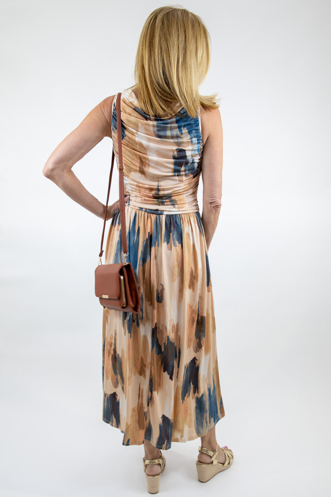 Blue Taupe Abstract Ruched Midi Dress
