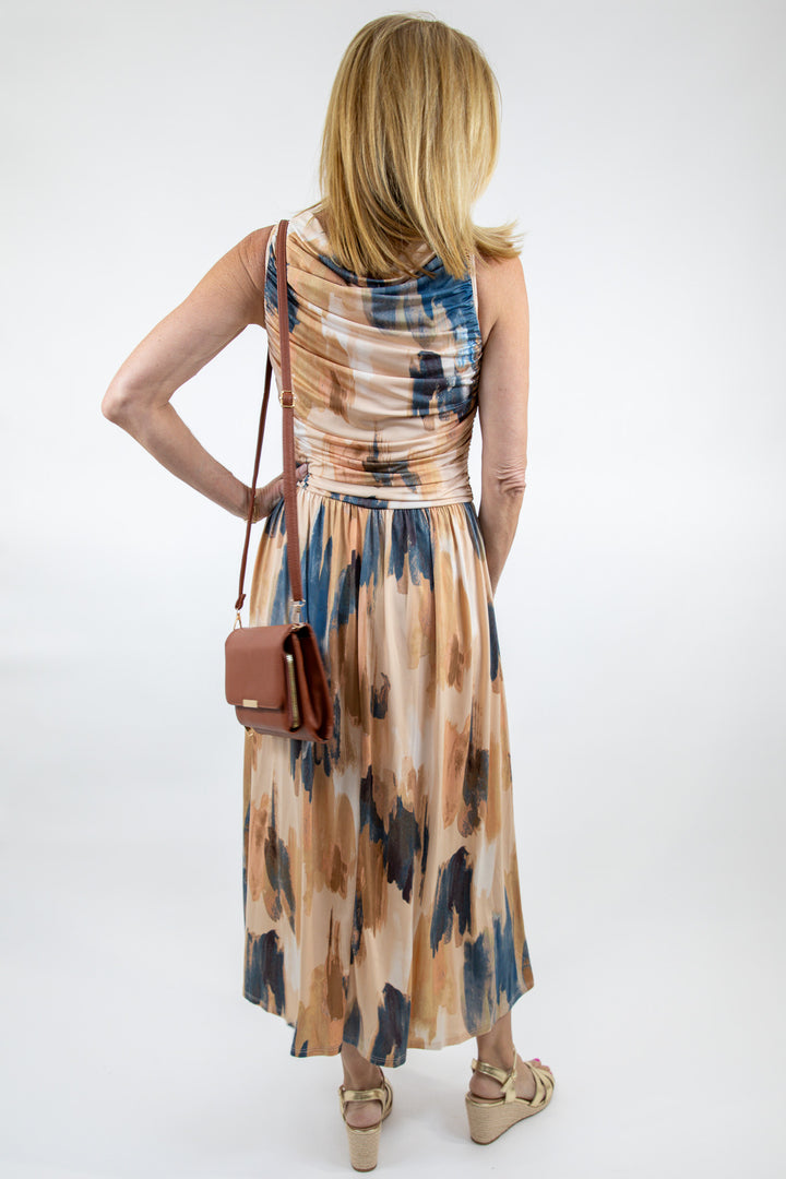 Blue Taupe Abstract Ruched Midi Dress