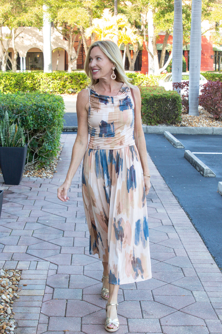 Blue Taupe Abstract Ruched Midi Dress