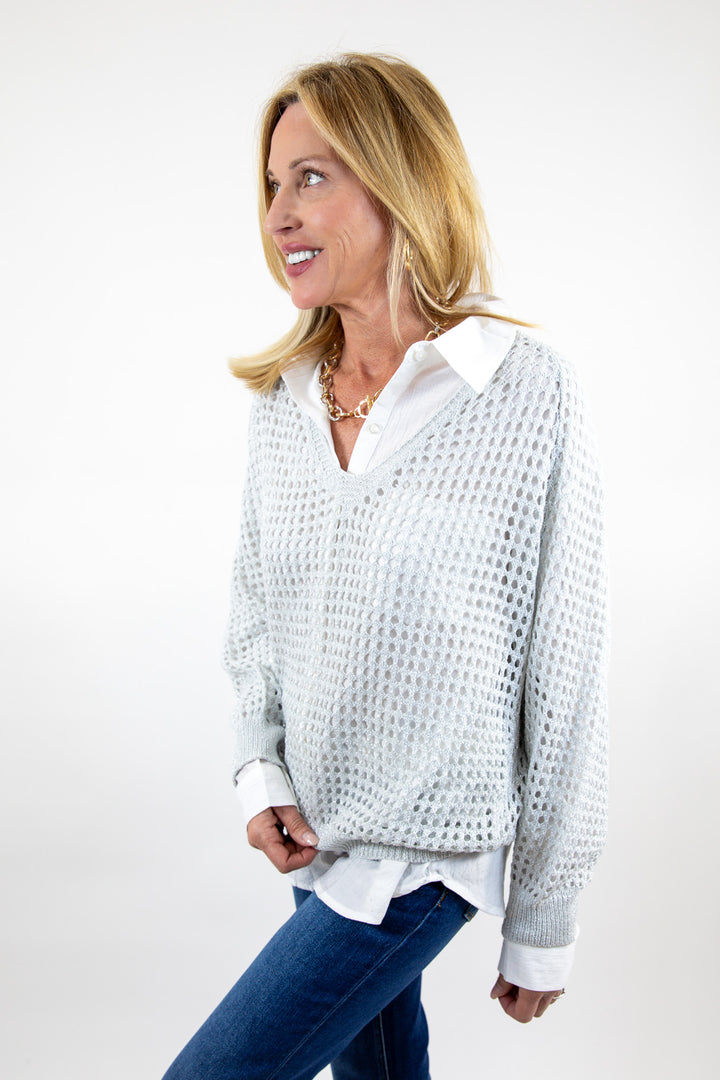 Open Weave Foil Knit V Neck Sweater