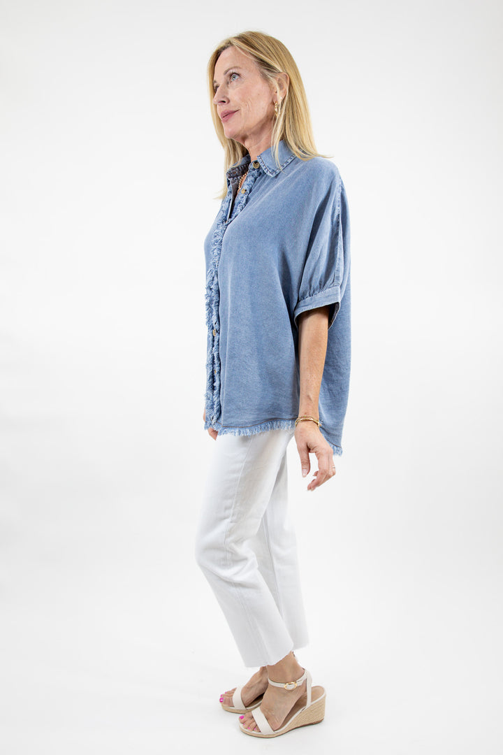 Frayed Trim Denim Button Top
