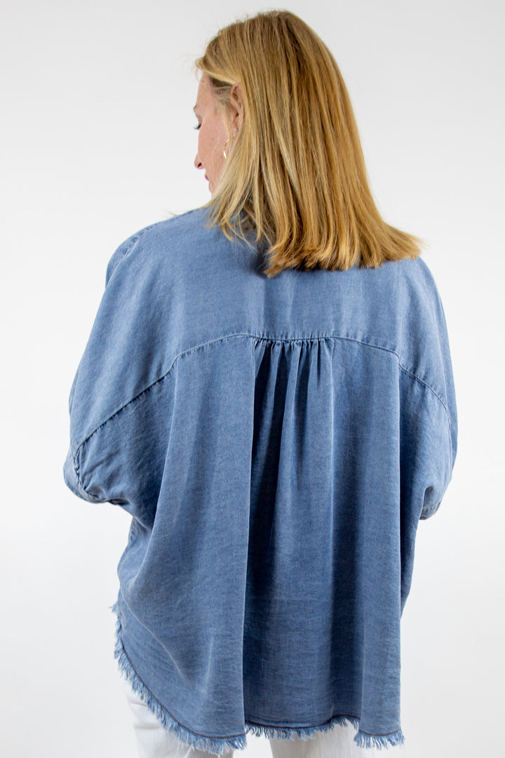 Frayed Trim Denim Button Top