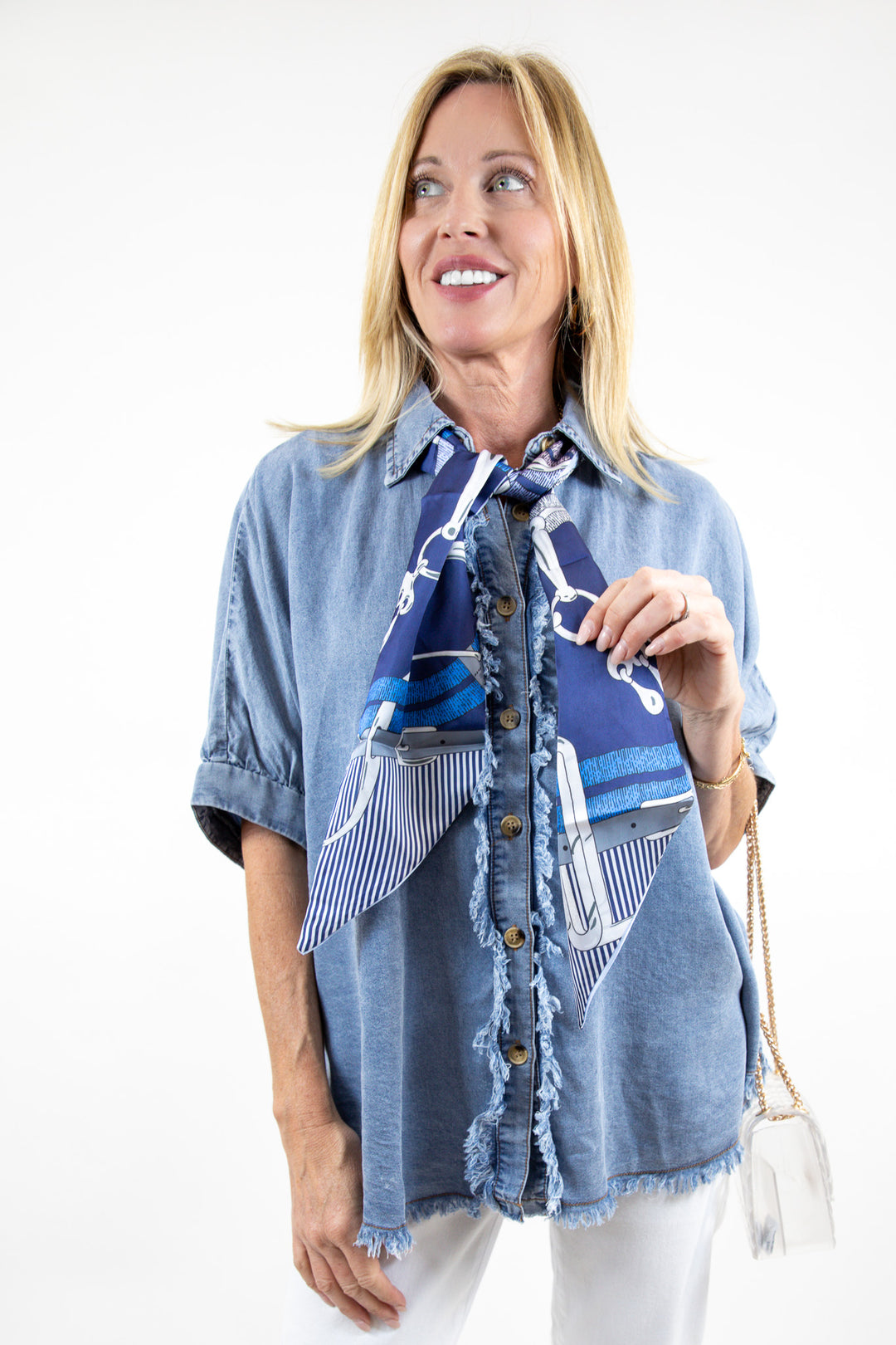 Frayed Trim Denim Button Top