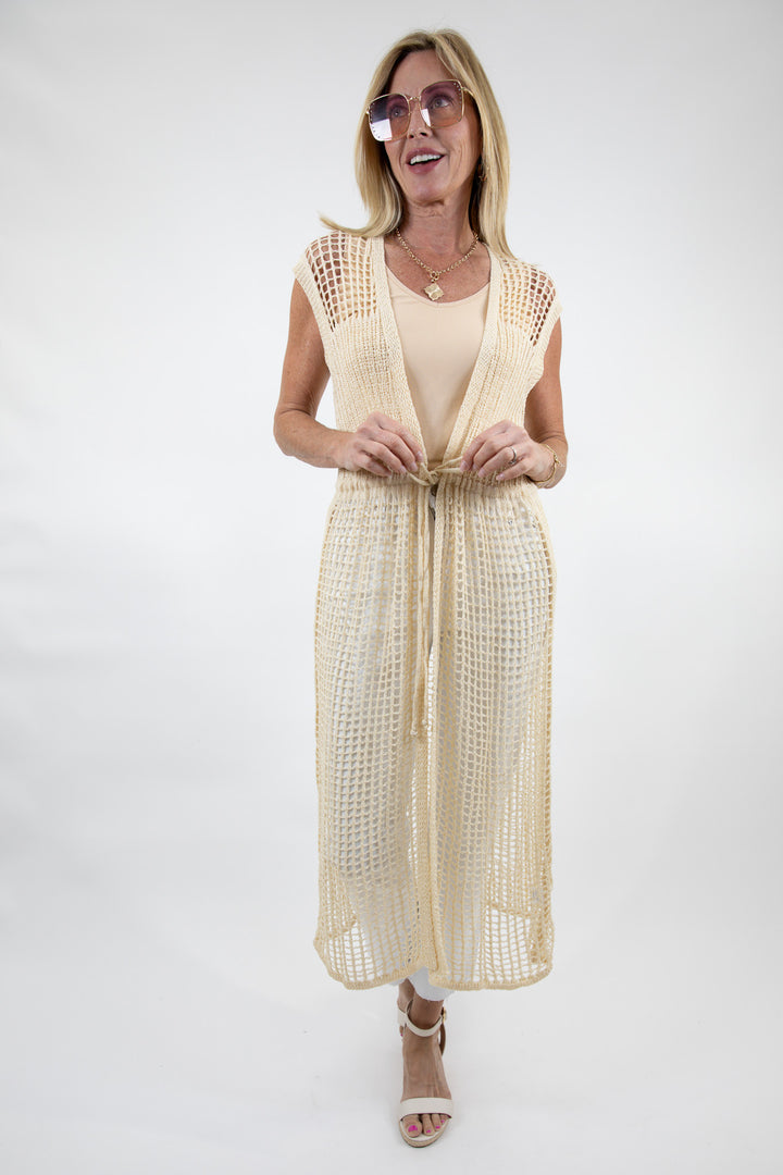 Open Weave Knit Sleeveless Front Tie Cardigan