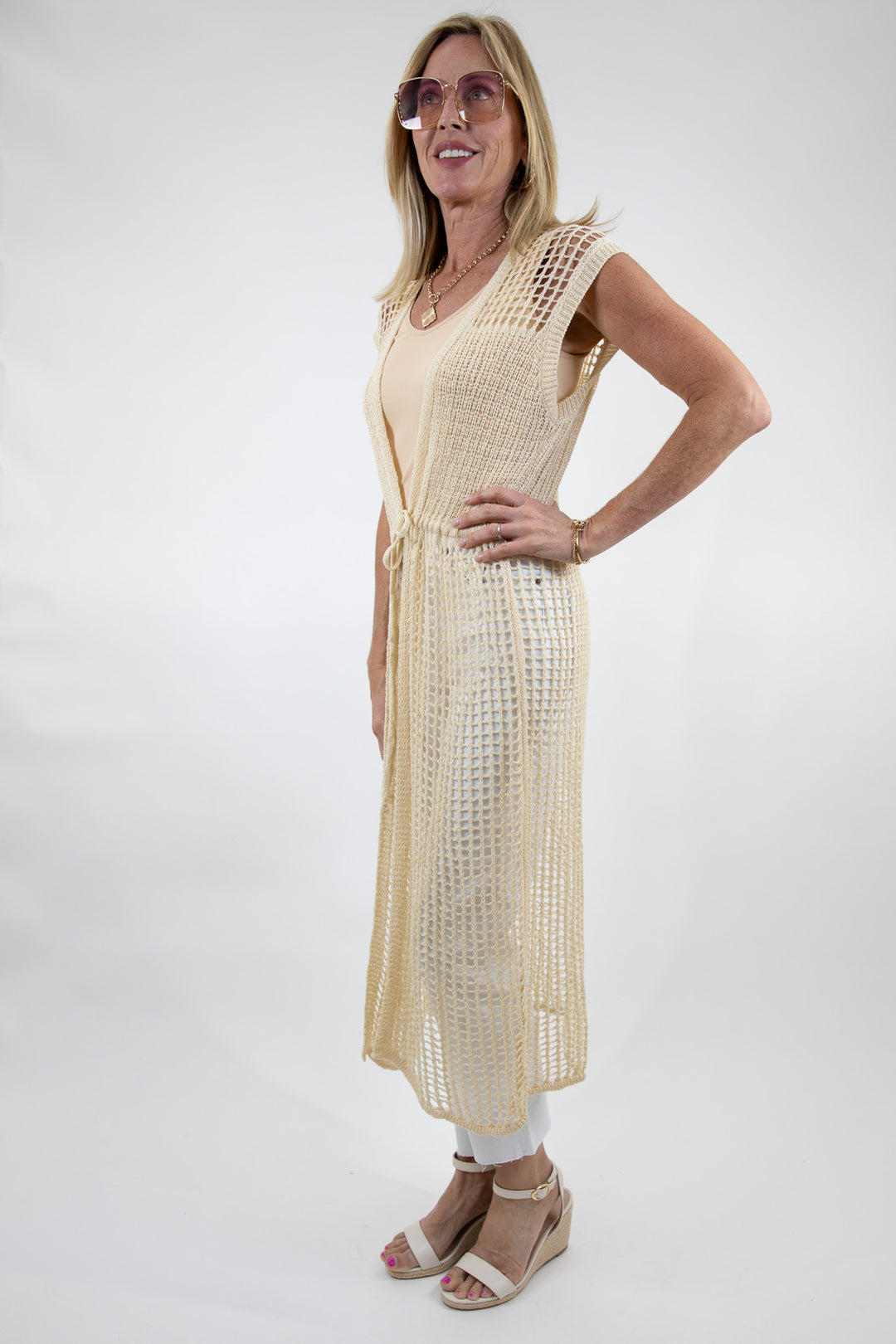 Open Weave Knit Sleeveless Front Tie Cardigan