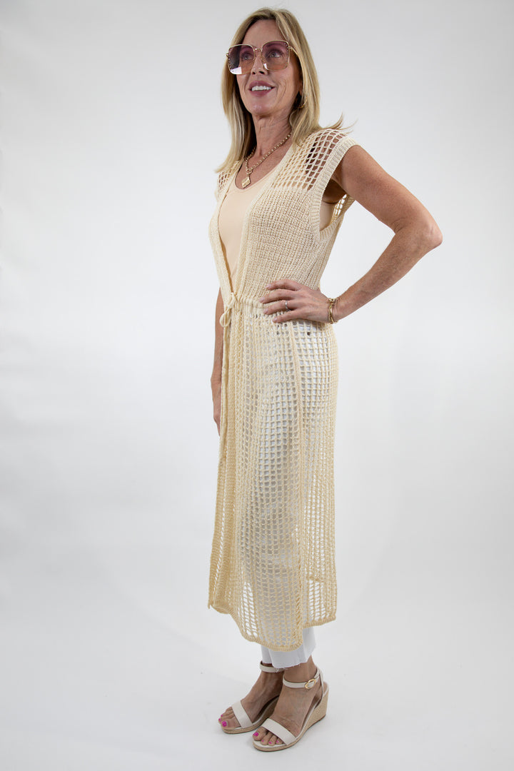 Open Weave Knit Sleeveless Front Tie Cardigan
