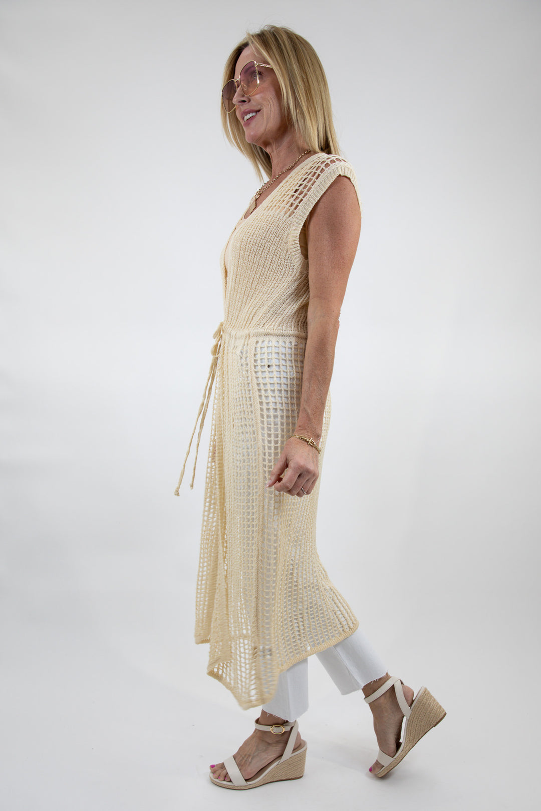 Open Weave Knit Sleeveless Front Tie Cardigan