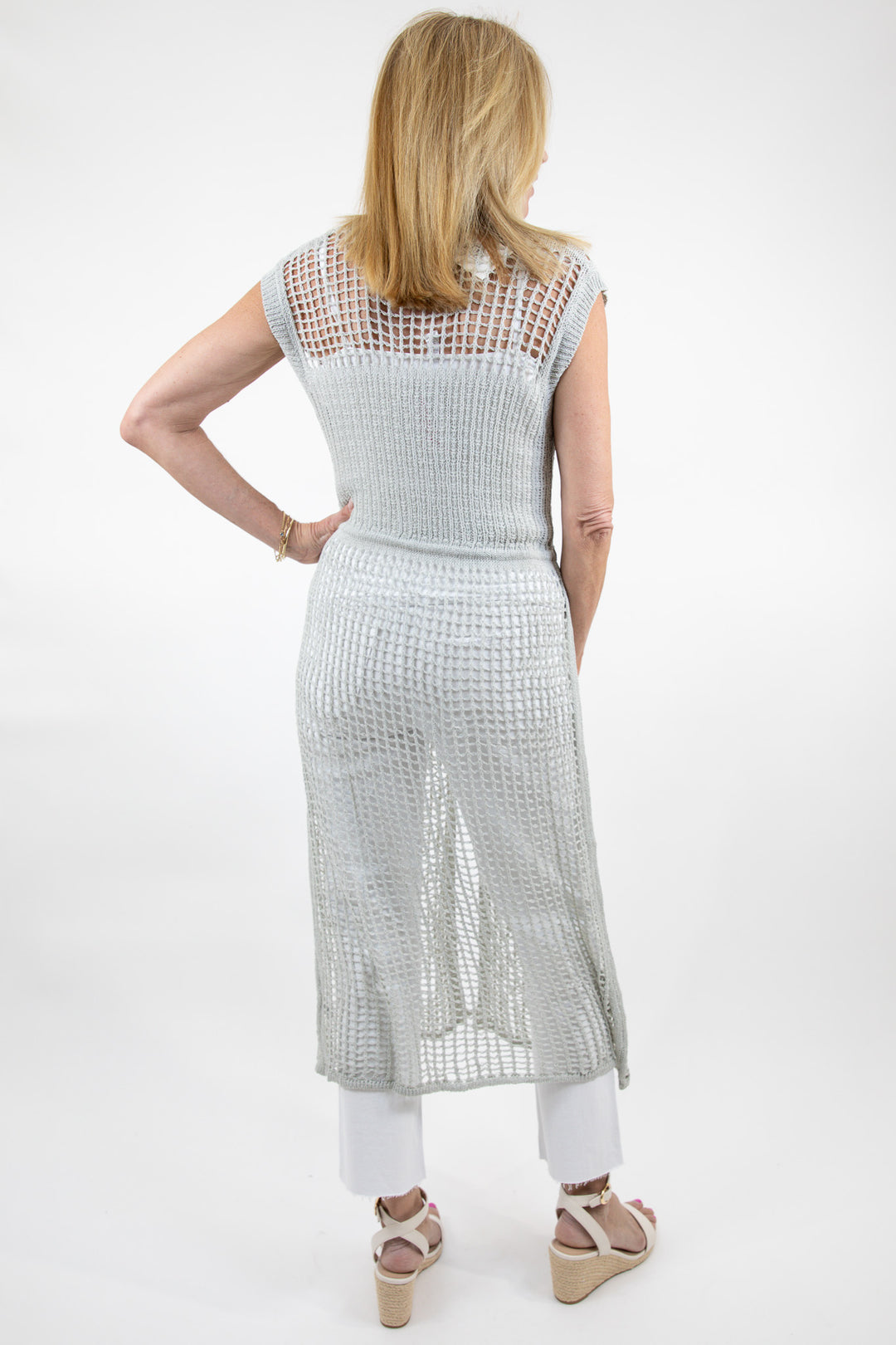 Open Weave Knit Sleeveless Front Tie Cardigan