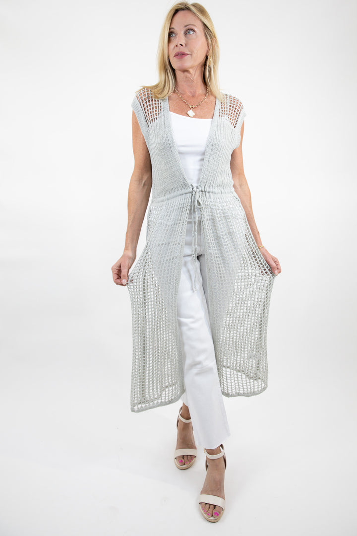 Open Weave Knit Sleeveless Front Tie Cardigan