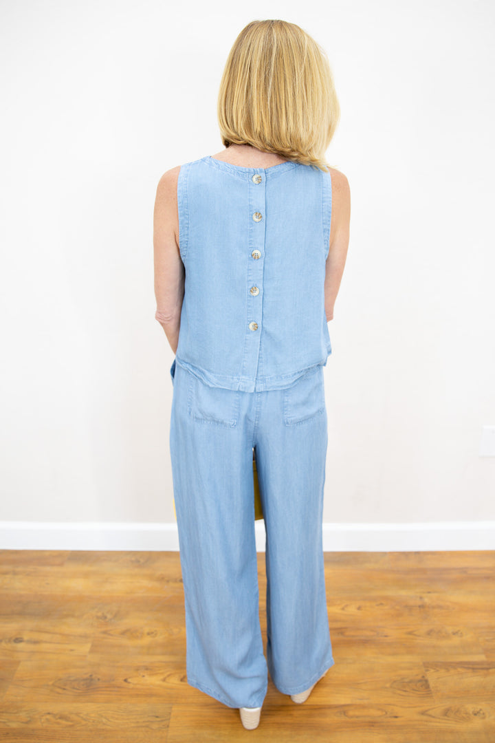 Chambray Back Button Top