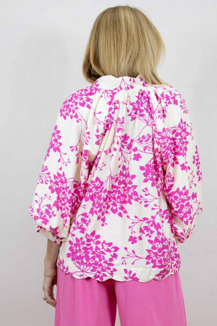 Cherry Blossom Print Scalloped Hem Blouse