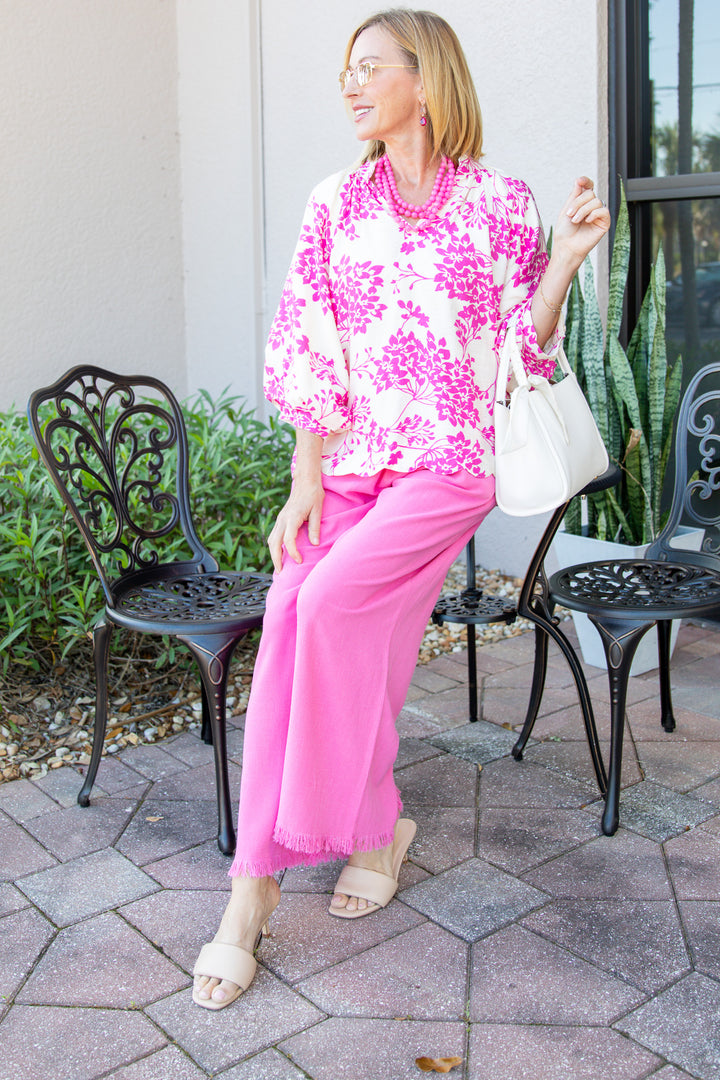 Cherry Blossom Print Scalloped Hem Blouse