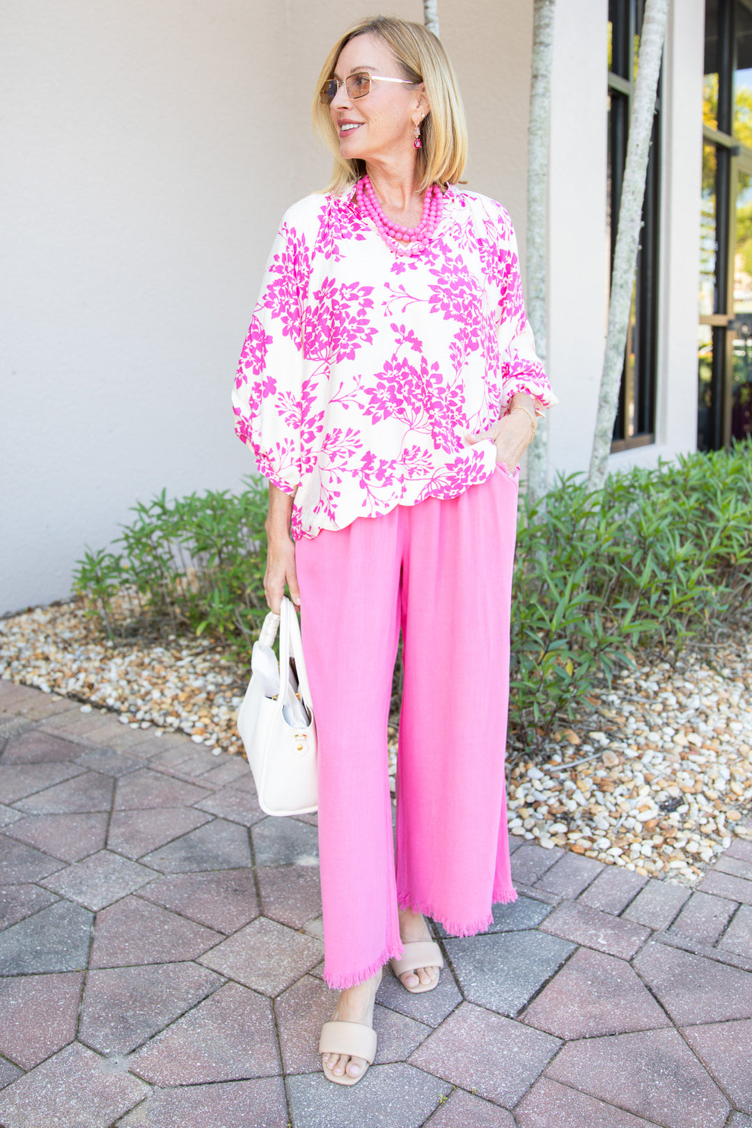 Cherry Blossom Print Scalloped Hem Blouse