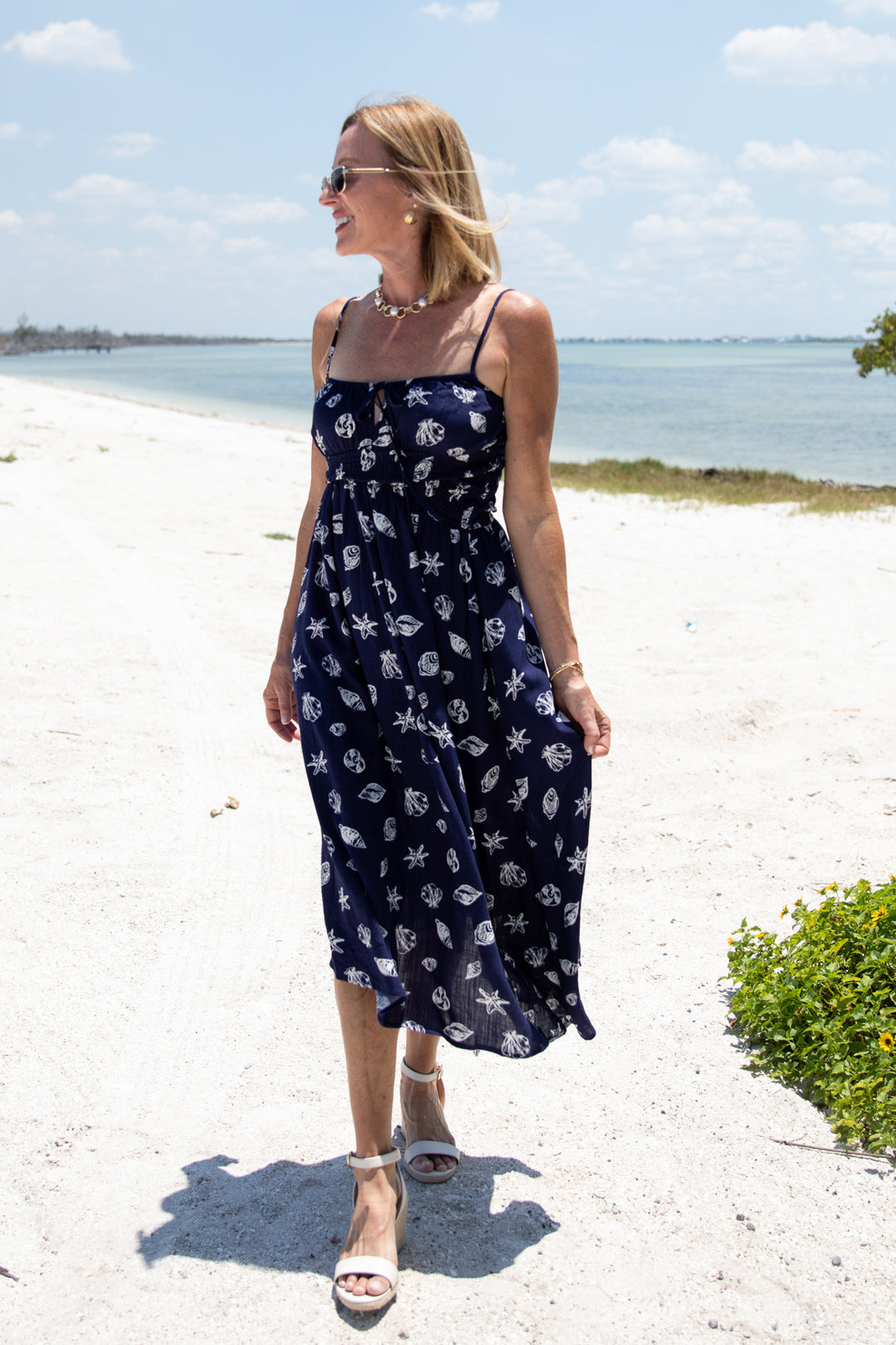 nautical beach dress Coastal Shell Print Slip Dress Ankle Length Summer Beach Dress Nautical Seashell Dress Boho Vacation Outfit